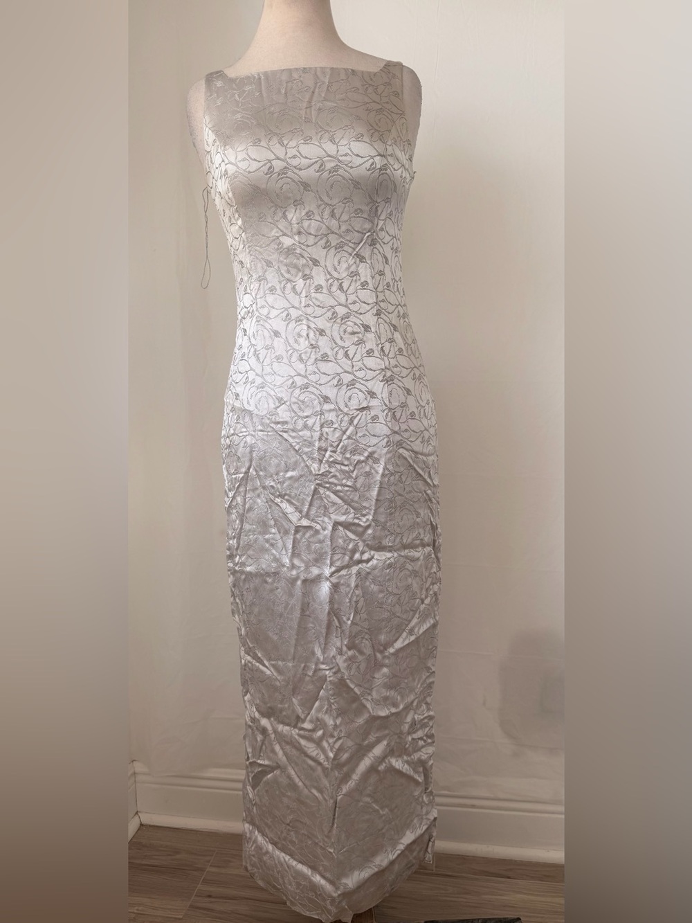 Maggy London Silver Floral Satin Maxi Dress
